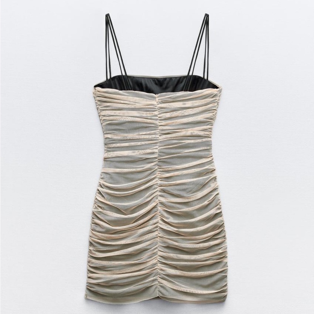 Zara NWT flower appliqué ruched mesh tulle spaghetti strap mini dress - Picture 8 of 9